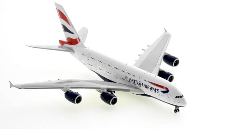 Front port side of ARD ARD4BA20 - 1/400 scale diecast model of the Airbus A380-800, registration G-XLEE, British Airways livery.